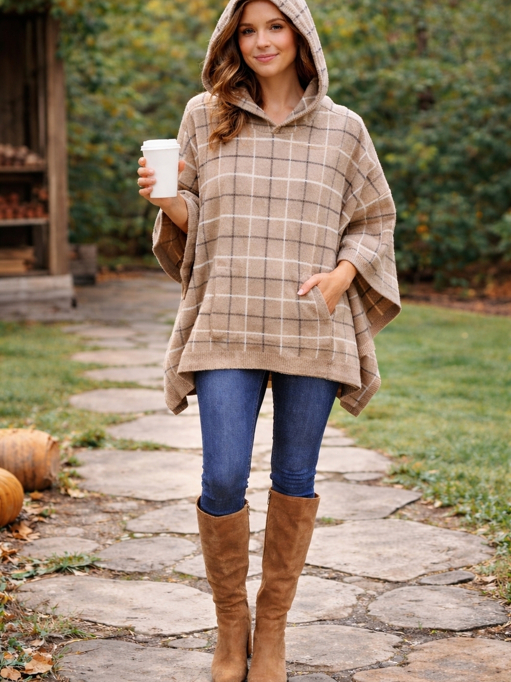 Tahari Hooded Plaid Poncho Sweater – Cozy Neutral Windowpane Cape